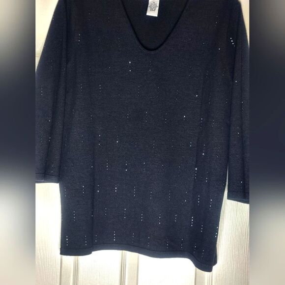 Alfani Women 1X Black SILK Blend Beaded Embroidered Vneck 3/4Sleev Women Sweater - Picture 2 of 6